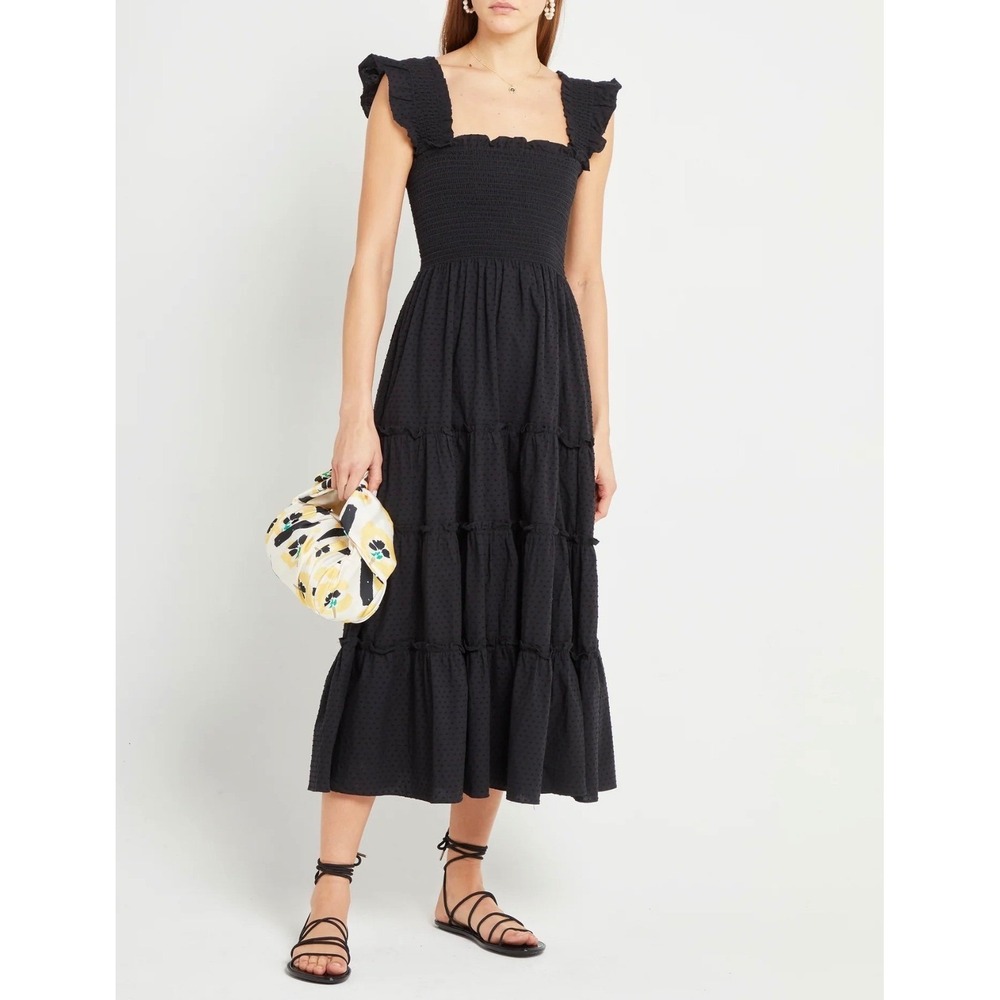 Kourt Calypso Maxi Dress Black Swiss Dot Ruffle Smocked Tiered Size XL